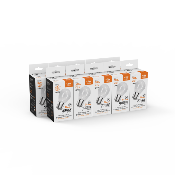 Купить Gauss Лампа Basic Filament Шар 4,5W 380lm 2700К Е27 milky LED 1055215