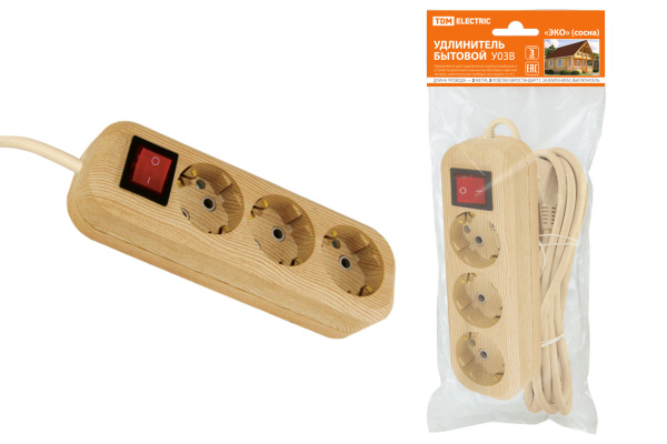 TDM Удлинитель бытовой  У03В выключатель, 3 гнезда, 3метра,2П+3, ПВС 3х1мм2 "Эко" (сосна) 16А/250В SQ1303-2101