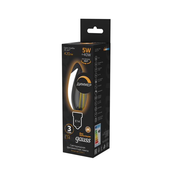 Купить Gauss Лампа Filament Свеча 5W 420lm 2700К Е14 диммируемая LED 103801105-D