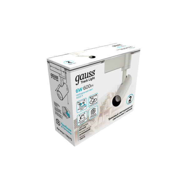 Купить Gauss Светильник трековый цилиндр 6W 600lm 4000K 180-220V IP20 45*155мм белый линза 36º LED TR075