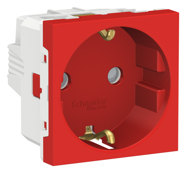Купить SE Unica Modular Красная Розетка с/з со шторками, винт. зажим, 16А, 250В, 2 модуля NU303703