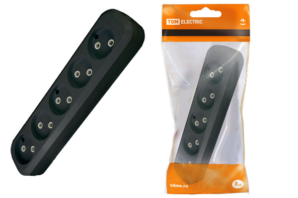 TDM Колодка розеточная 5 гнезд 2П б/з 10А 250В черная SQ1806-0134