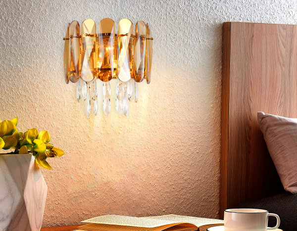 Купить Ambrella Настенный светильник TR5078/2 GD/TI/CL золото/янтарь/прозрачный E14/2 max 40W 280*280*170