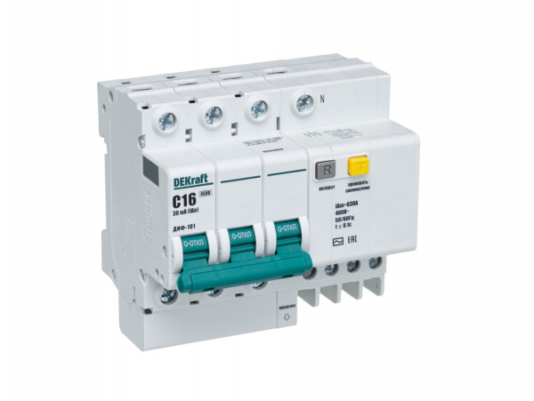 Dekraft Автоматический выключатель дифференциального тока АВДТ 3P+N 16А 30мА тип AC х-ка C ДИФ-101 4,5кА 15184DEK