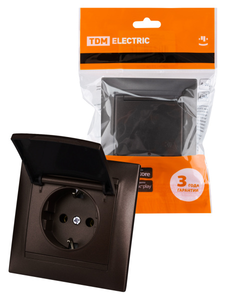 TDM Розетка 2П+З 16А 250В IP44 с крышкой шоколад "Лама" SQ1815-0526