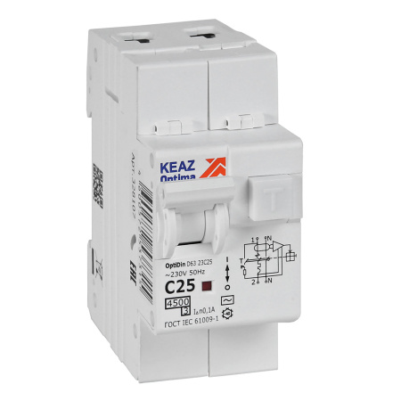 КЭАЗ АВДТ с защитой от сверхтоков OptiDin D63-23C25-AC-У3 (2P, C25, 100mA, 4,5кА)