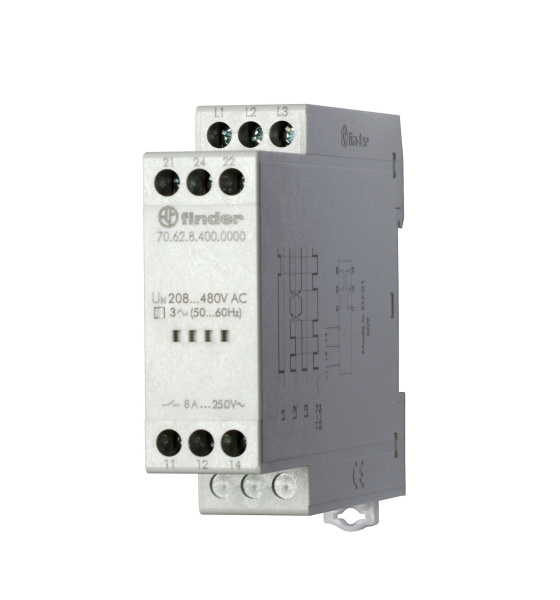 Finder Реле контрольное для 3-фазных сетей; обрыв/чередование фаз, фиксированные регулировки; выход 2CO 8А; модульное, ширина 22.5мм; степень защиты I 706284000000