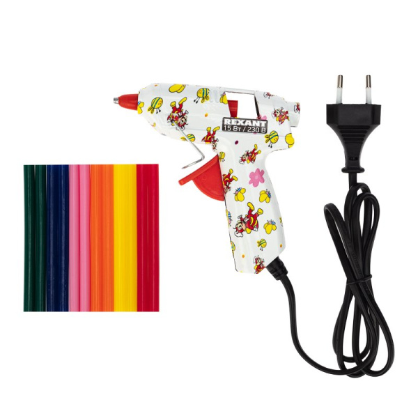 Пистолет клеевой 15Вт Ø7мм Малый + Набор цветных стержней 12штук (блистер) Rexant 12-0112