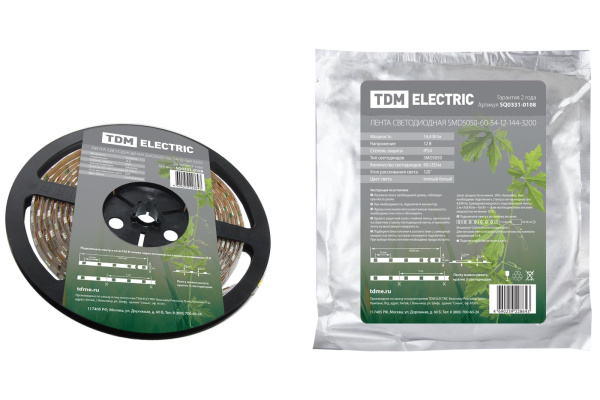 TDM Лента светодиодная SMD5050-60-54-12-144-3200 60LED/м, IP54, 12В, 14,4Вт, 3200К, (У) SQ0331-0108