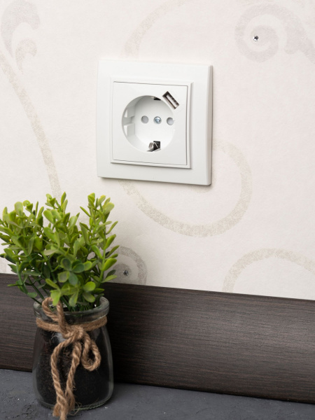 Купить EKF Basic Минск Белый Розетка с/з, со шторками, 16А, с USB 1А, СП