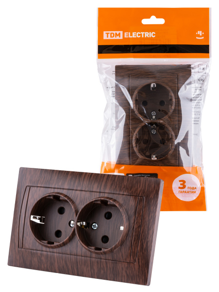 TDM Розетка двойная 2П+З 16А 250В с защ. шт. венге "Лама" SQ1815-0413