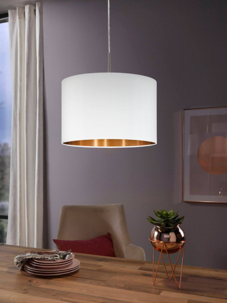 Купить Eglo 95044 Подвес PASTERI, 1х60W (E27), ?380, никель матовый/текстиль, белый, медный