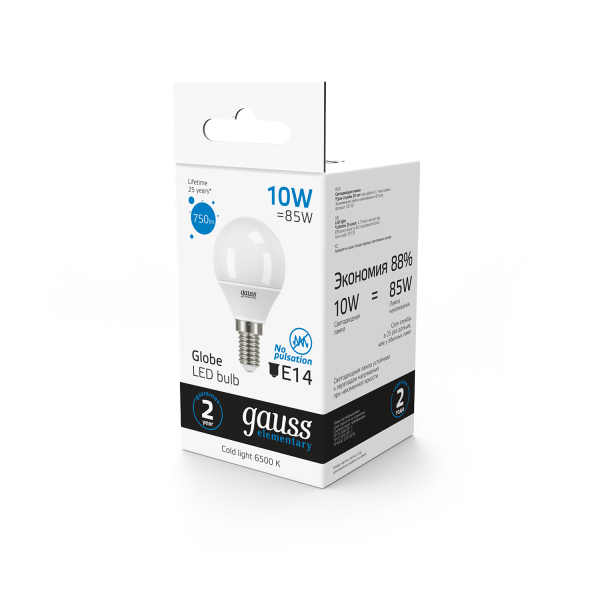Купить Gauss Лампа Elementary Шар 10W 750lm 6500K Е14 LED 53130
