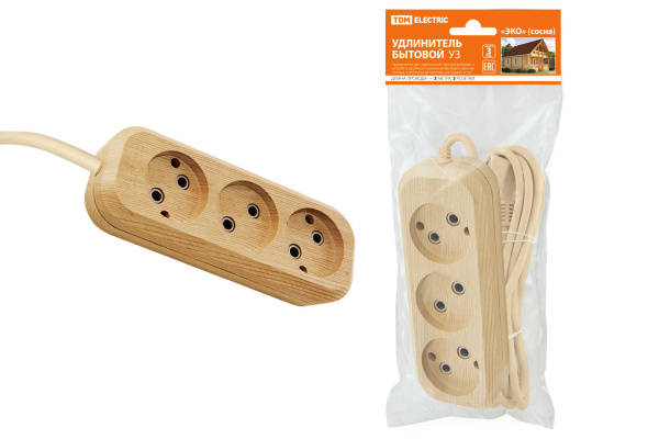 TDM Удлинитель бытовой У3 3 гнезда, 3метра,2П б/з, ПВС 2х0,75мм2 "Эко" (сосна) 10А/250В SQ1303-2201