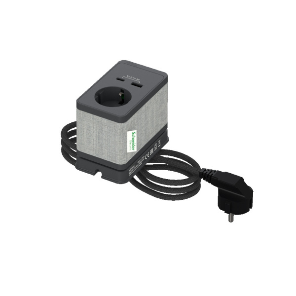 SE US+Блок розеточный с зажимом, с 1 розеткой (2К+З) и 2 зарядками USB (A+C) АНТРАЦ INS44051