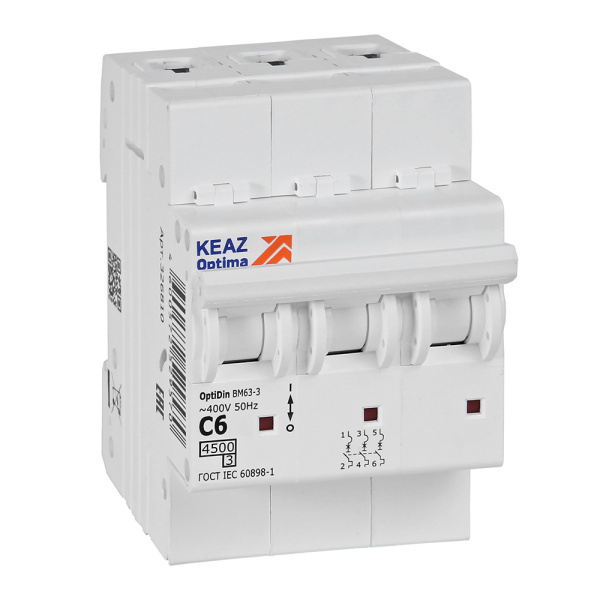 КЭАЗ OptiDin BM63 Автоматический выключатель 3P 6А C 4,5кА AC (BM63-3C6-4,5-УХЛ3) 326810