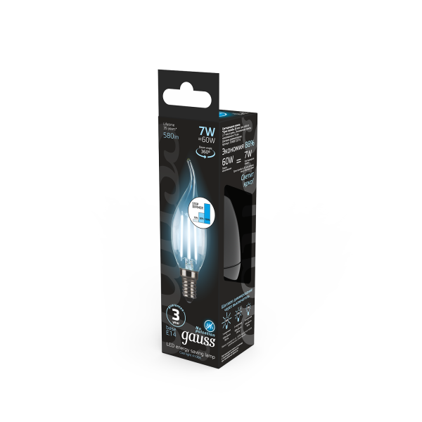 Купить Gauss Лампа Filament Свеча на ветру 7W 580lm 4100К Е14 шаг. диммирование LED 104801207-S