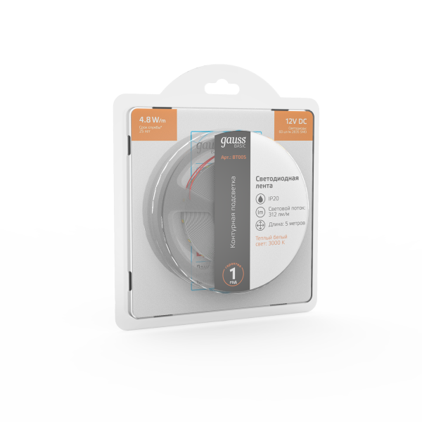 Купить Gauss Лента Basic 12V 4,8W/m 312lm/m 3000K IP20 LED 5m 1/100 BT005