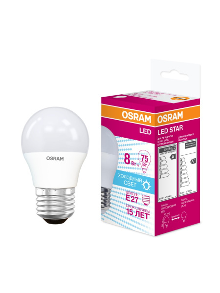 Купить Osram Светодиодная лампа LED STAR Classic P 8W (замена 75Вт),нейтральный белый свет, матовая колба, Е27 4058075210899