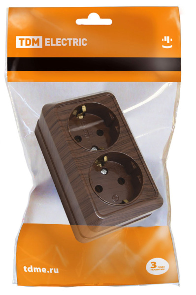 Купить TDM Розетка двойная 2П+З открытой установки IP20 16А, бук "Ладога" SQ1801-0036