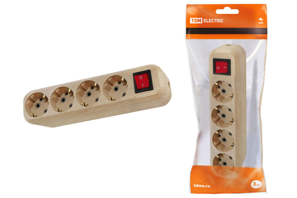 TDM Колодка розеточная 4 гнезда 2П+3 с выключателем16А 250В "Эко" (сосна) SQ1806-0052