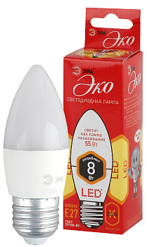 ЭРА ECO LED B35-8W-827-E27 (диод, свеча, 8Вт, тепл, E27)