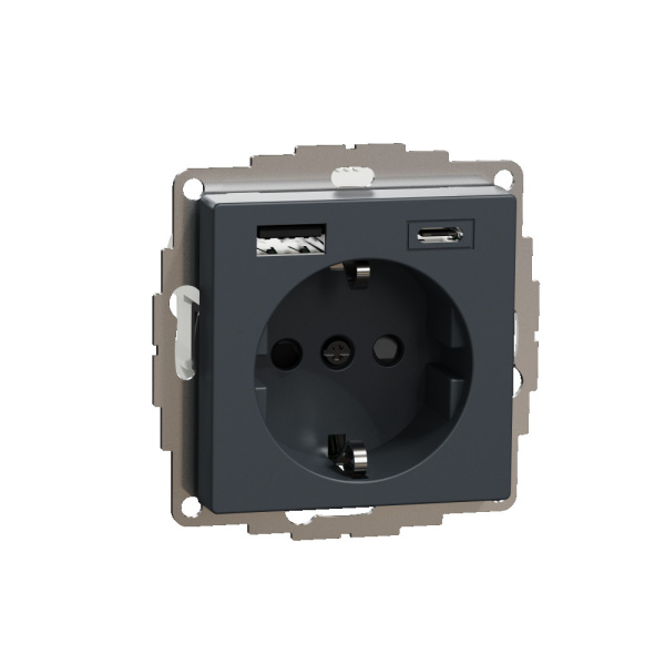 SE MERTEN SM Антрацит Розетка силовая 16 A с зарядкой USB A+C 3 A MTN2367-0414