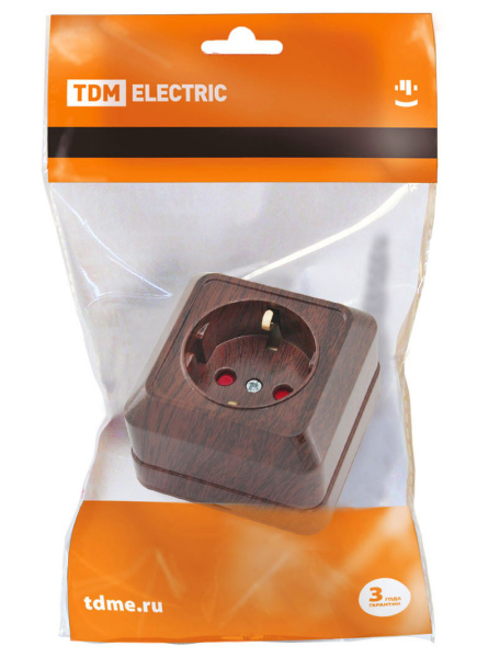 Купить TDM Розетка 2П+З открытой установки с з/ш IP20 16А, бук "Ладога" SQ1801-0038