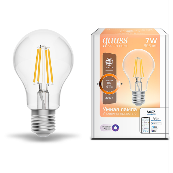Gauss Лампа Smart Home Filament А60 7W 806lm 2700К E27 диммируемая LED 1200112