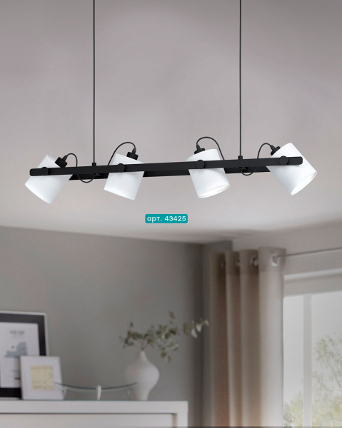 Купить Eglo 43425 Подвес HORNWOOD 1, 4х60W (E27), L1100, B180, H1100, сталь, дерево, черный /текстиль, белый