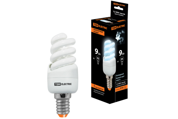 TDM Лампа энергосберегающая КЛЛ-FSТ2-9 Вт-4000 К–Е14 КОМПАКТ (35х95 мм) SQ0323-0172