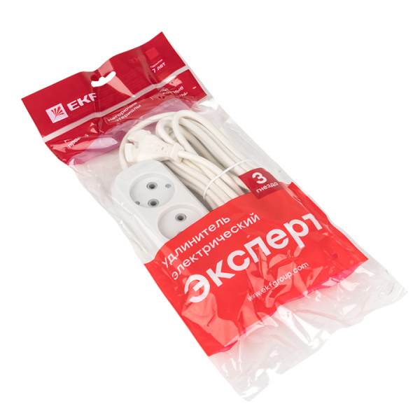 Купить EKF PROxima Удлинитель "Эксперт" 3 гнезда 5 метров 10А/2,2кВт без заземления ПВС 2х0,75