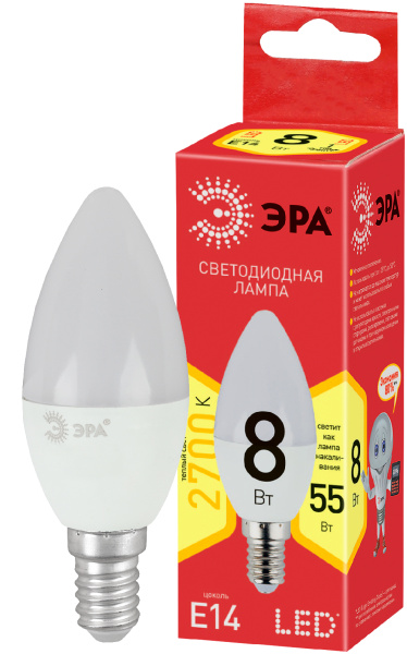 ЭРА ECO LED B35-8W-827-E14 (диод, свеча, 8Вт, тепл, E14)