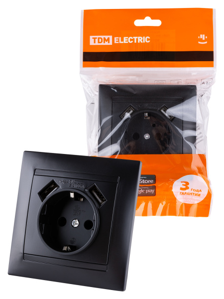 TDM Розетка 2П+З 16А 250В + 2 USB порта 2,1А 5В графит "Лама" SQ1815-0642