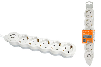 TDM Удлинитель бытовой "Люкс" УЛ05В выкл, 5 гнезд, 3м, с/з, с з/ш, ПВС 3х1мм2 16А/250В бело-серый SQ1303-0137