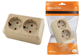 TDM Розетка двойная 2П+З открытой установки с з/ш IP20 16А, сосна "Ладога" SQ1801-0056