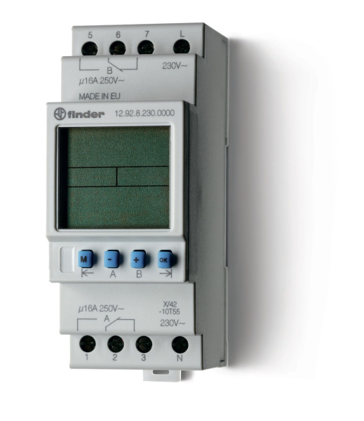 Finder Реле времени цифровое ASTRO; монтаж на рейку 35мм; 2СO 16A; питание 230В АC; ширина 35.8мм; степень защиты IP20 129282300000