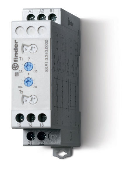 Finder Модульный таймер мультифункциональный (LI, LE, PI, PE); питание 24…240В АС/DC; 1CO 16A; ширина 22.5мм; регулировка времени 0.05с…10дней; степен 839102400000