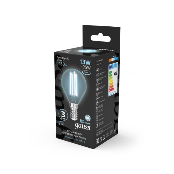Купить Gauss Лампа Filament Шар 13W 1150lm 4100К Е14 LED 1/10/50 105801213