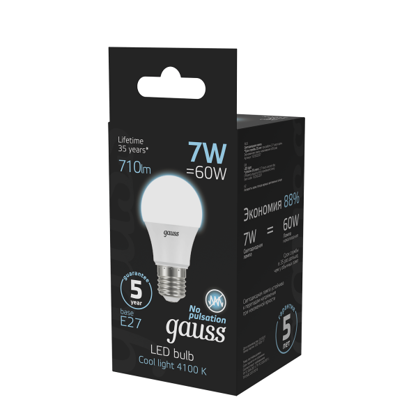 Купить Gauss Лампа A60 7W 710lm 4100K E27 LED 102502207