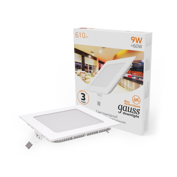 Купить Gauss Светильник Slim квадрат 9W 610lm 3000K 180-265V IP20 монтаж Ø130*130 145*145*22 LED 940111109