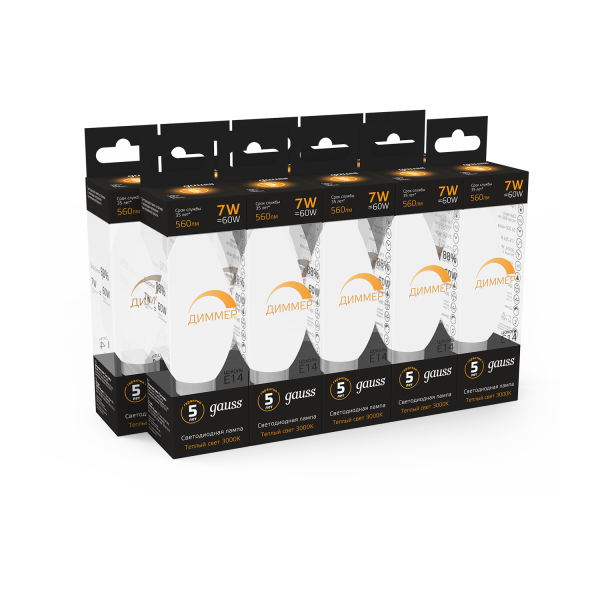Купить Gauss Лампа Свеча 7W 560lm 3000К Е14 диммируемая LED 103101107-D
