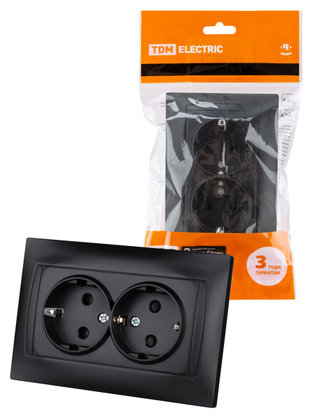 TDM Розетка двойная 2П+З 16А 250В с защ. шт. графит "Лама" SQ1815-0613