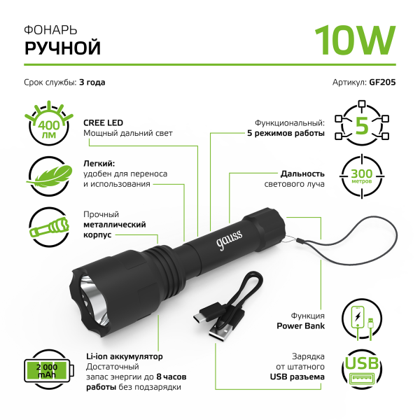 Купить Gauss Фонарь ручной модель GFL205 10W 400lm Li-ion 2000mA LED 1/12/48 GF205