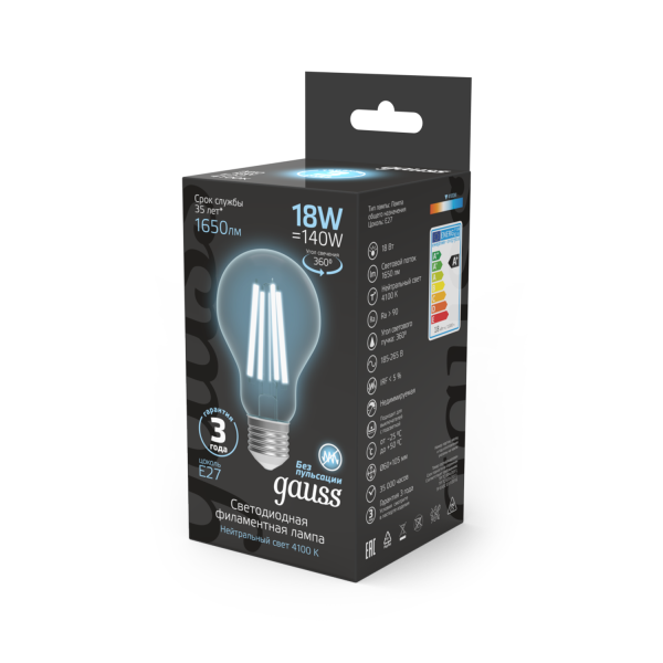 Купить Gauss Лампа Filament А60 18W 1650lm 4100К Е27 LED 1/10/40 102902218