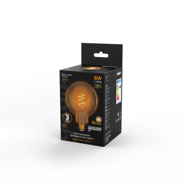 Купить Gauss Лампа Filament G125 6W 360lm 2400К Е27 golden flexible LED 158802008