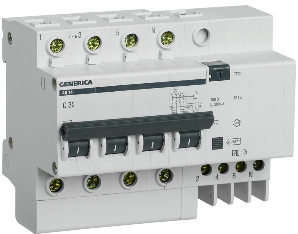 Купить IEK GENERICA Автоматический выключатель дифференциального тока АД14 4Р 32А 300мА MAD15-4-032-C-300