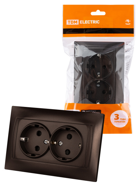 TDM Розетка двойная 2П+З 16А 250В с защ. шт. шоколад "Лама" SQ1815-0513