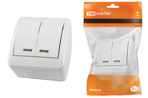 TDM Выключатель 2-кл. открытой установки с подсветкой IP44 10А белый "Селигер" SQ1818-0004