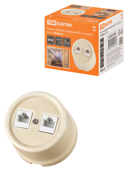 TDM Розетка двойная телефонная RJ11 сл. кость «Болонь» SQ1820-0350
